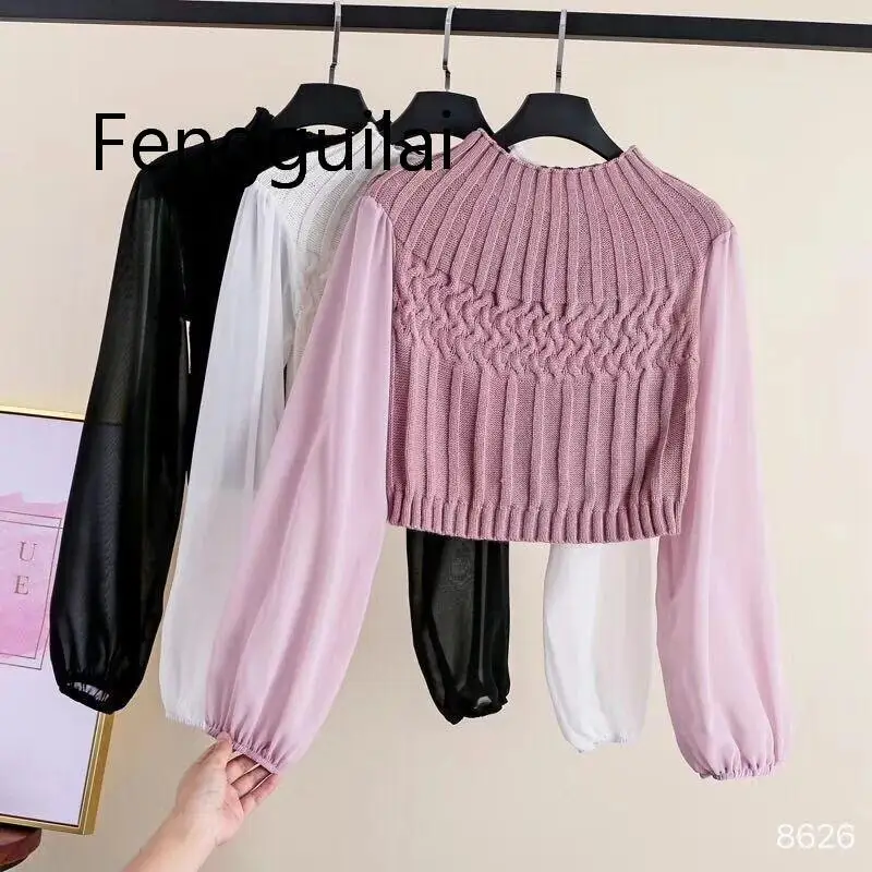 FENGGUILAINew Fashion Women Slim Knitted Sweater Chiffon Stitching Ladies O-neck Sexy Short Tops Sweaters Lantern Sleeve Knitwea FENGGUILAINew Fashion Women Slim Knitted Sweater Chiffon Stitching Ladies O-neck Sexy Short Tops Sweaters Lantern Sleeve Knitwea