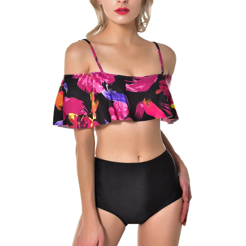 

2019 Ruffles Print Bikini Set Off Shoulder Women Swimwear High Waist Swimsuit Biquini Beach Bathing Suits Beachwear