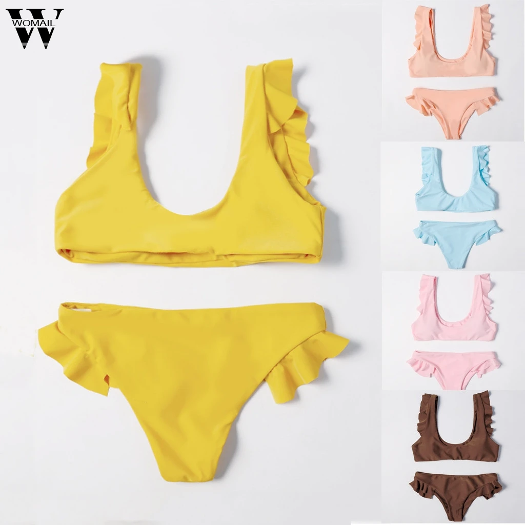 

Ruffle Bikinis set Sexy pink Push-Up Padded Swimwear Triangle Bikini Set Bathing Suit Beach Swim bathers women maillot de bain
