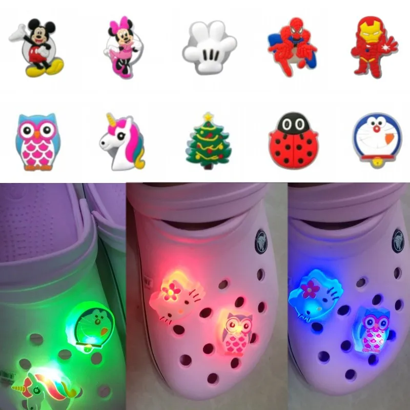 

200PCS Mickey Avenger LED PVC Shoe Charms Light Shoes Accessories Unicorns Shoe Buckles Spider Man Croc Charms JIBZ Kids Gift