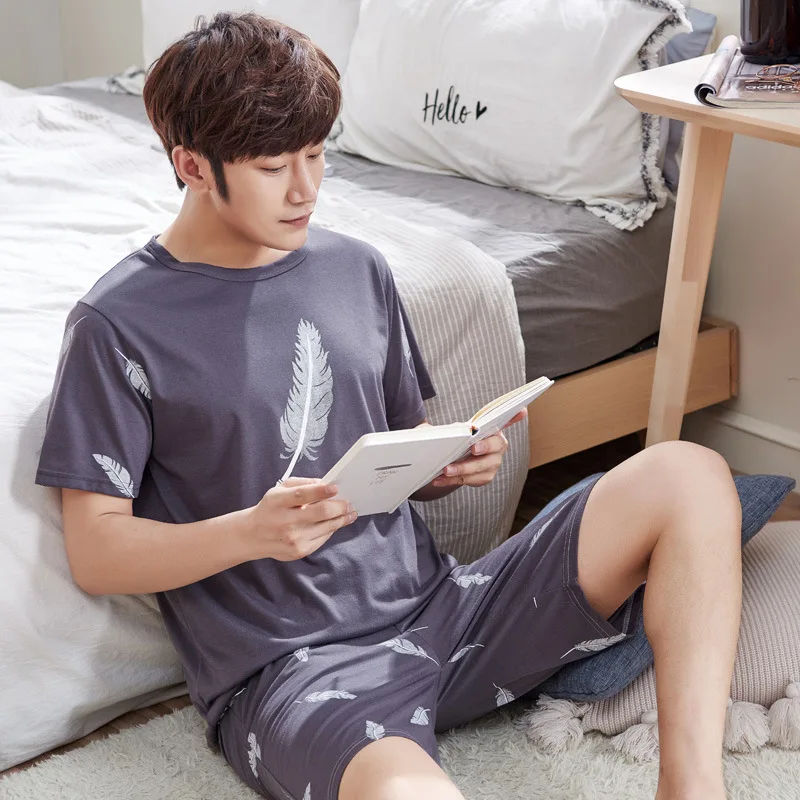 Pajama male summer short sleeve cotton qualitative pure color summer individual character tide takes home thin money suit