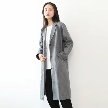 

2019 Trench Coat Autumn Women Causal stripe coat Long Sleeve female cotton Single-breasted with pocket womens trench coats