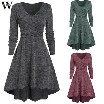 

Womail Dress Women Autumn Fashion V-Neck Long Sleeve Dress Solid Loose Long Sleeve Women Dress Casual Asymmetric party plus size