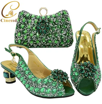 

New Women Italian African Party Pumps Shoes and Bag Crystal Wedding Pumps Block Heel Shoes Ladies Shoes with Matching Bags Set