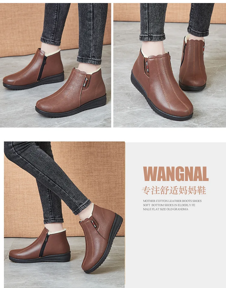 2025 Top Quality Mom Leather Ankle Boots Women Non-slip Winter Fur Snow Boots Female Wedge Oxford Sneakers Womens Winter Shoes