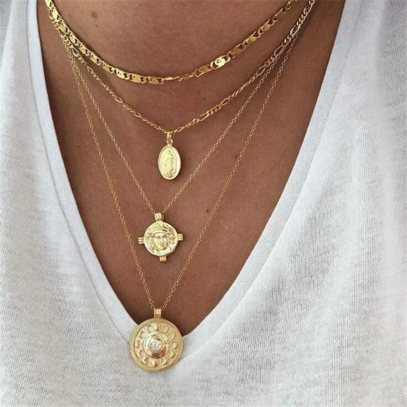 

GIVVLLRY Multi Layered Chain Necklace Fashion Jewelry Vintage Carved Jesus Geometric Flower Pendant Necklace for Women