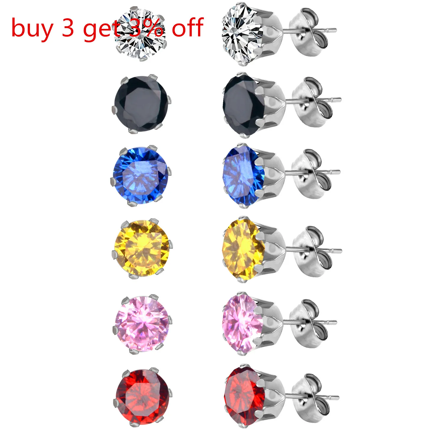 LUXUSTEEL Gift Box 6pairs Earring Sets Size 3mm/5mm/7mm Stainless Steel Anit-allergy Colorful Crystal Stud Earring Bijoux