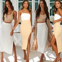 Трикотажная юбка в рубчик с разрезом, сексуальная Длинная юбка, Осень-зима размера плюс, Повседневная элегантная бежевая белая юбка-карандаш с высокой талией для женщин