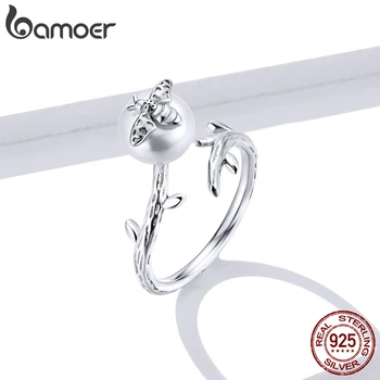 

bamoer GAR101 Real 925 Sterling Silver Open Rings Adjustable Round Pearl Bee Ring Fashionable Cute Silver Jewelry Gift Women