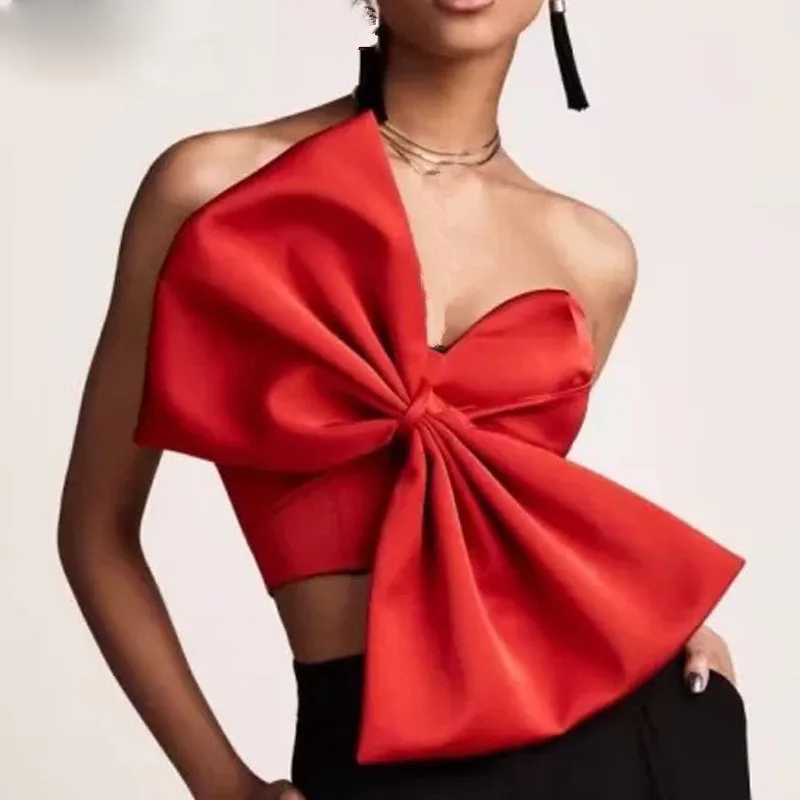 Женский короткий топ с большим бантом красный/черный на молнии сзади открытыми