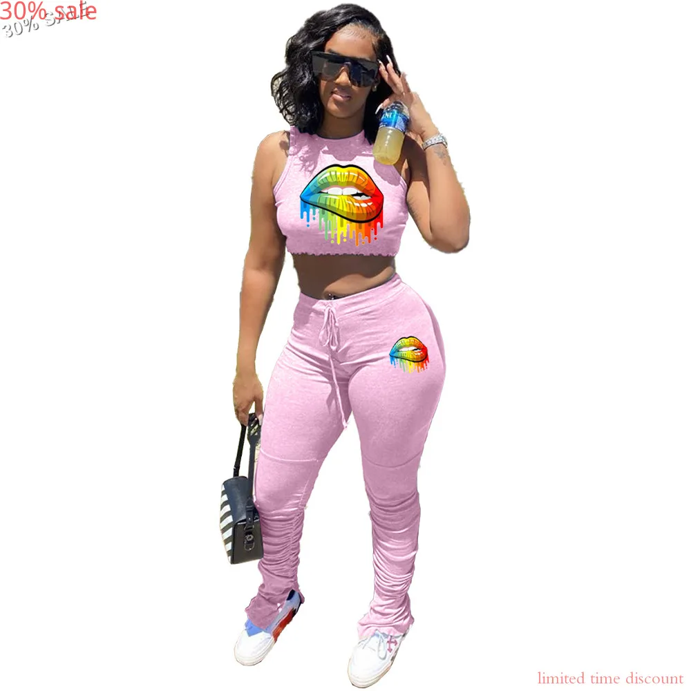 Летние леггинсы комплект из двух предметов укороченный топ с принтом губ штаны 2