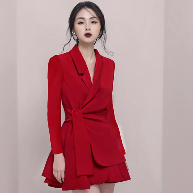 LMCAVASUN/Летний офисный женский костюм без рукавов с юбкой, сексуальный v-образный вырез, повязка на шнуровке, Блейзер, пиджак, мини-юбка, комплект из 2 предметов - Цвет: Красный
