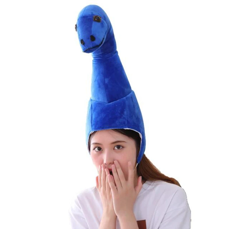 Blue Long-necked Dinosaur Head Hood Hat Plush Toy Birthday Stuffed Cap Gift