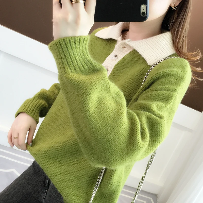 

2019 winter new knitted women sweater and pullovers turn-down collar solid lantern sleeved loose thicken warm pulls outwear tops
