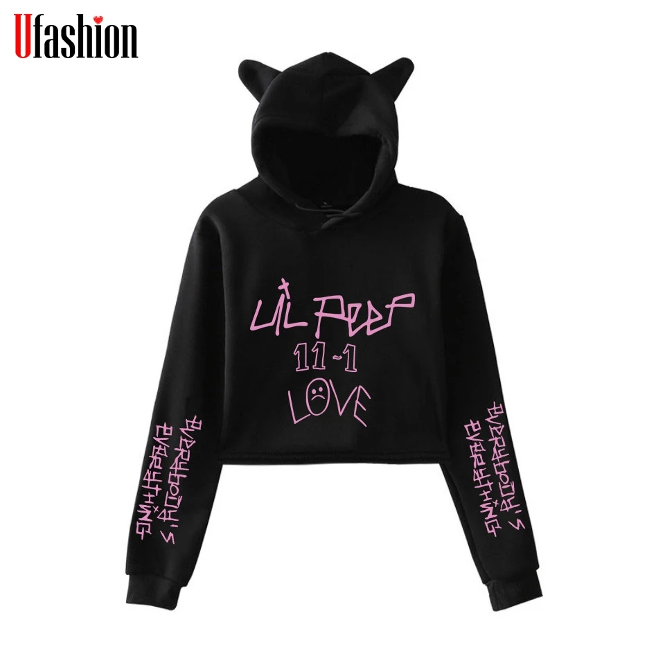 

Lil Peep Print Hoodie Sweatshirt Cat Ear Cap High Waist Sexy Hoody Full Sleeve Length Lady K Pop Fashion Pullovers Crop Tops