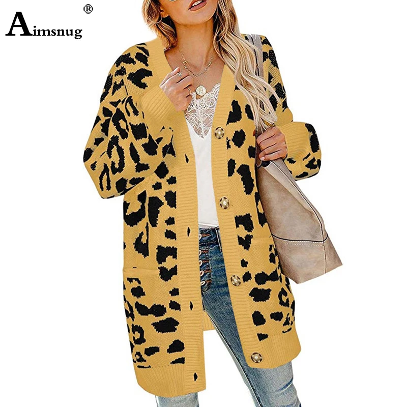 Однобортный длинный кардиган с леопардовым принтом, свитера для женщин, длинный рукав, Осень-зима, туника, верхняя одежда, мода, женское длинное пальто - Цвет: yellow