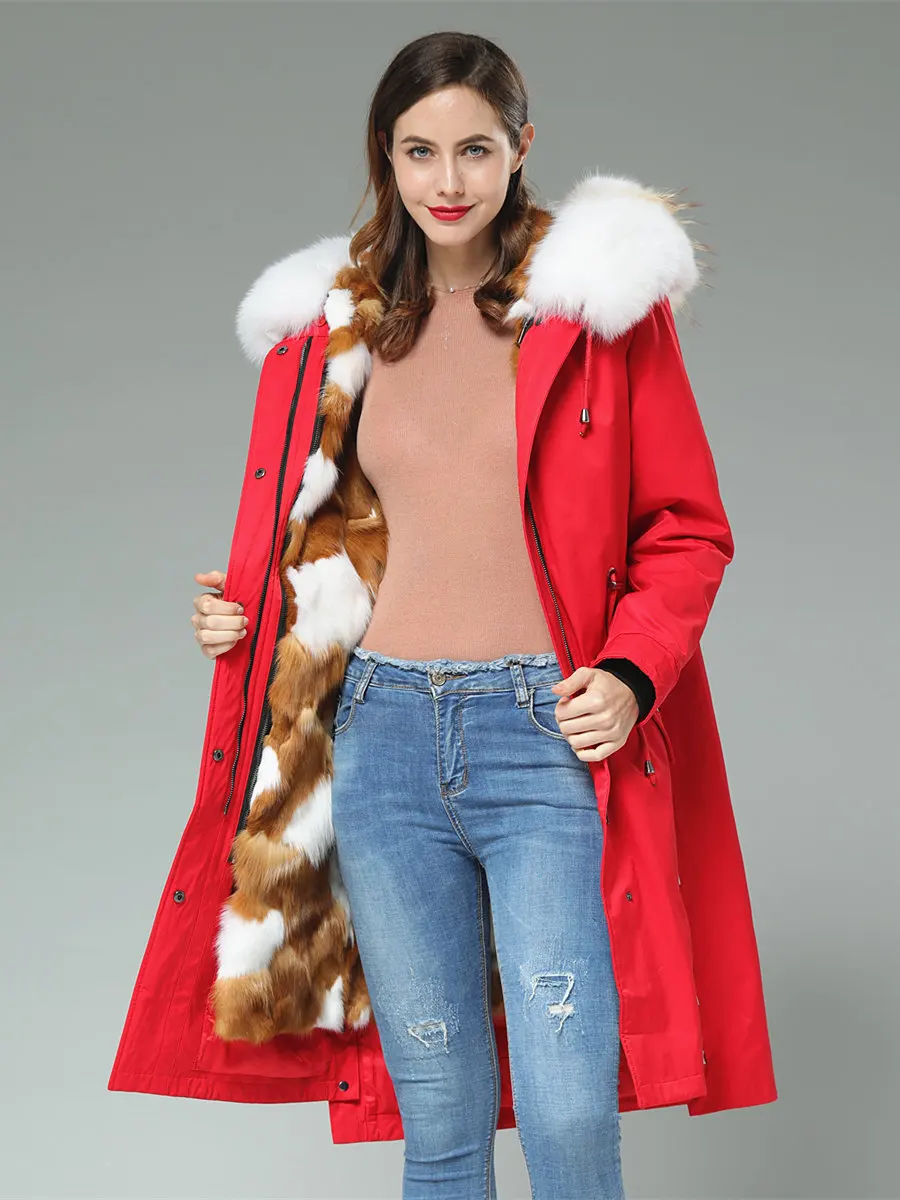 90cm Long Real Fox Lining fur coat parkas winter jacket coat women parka big real Fox raccoon fur collar fox fur liner Red Outer