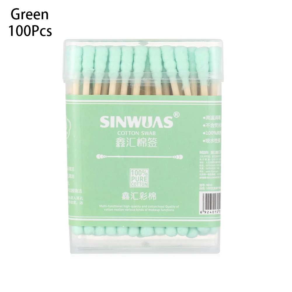 100 Pcs green 1 комплект одноразовые двойные головки хлопок Чистка ушей носа кончик палочки деревянные советы Аппликатор макияж чистые инструменты - Цвет: 100 Pcs green