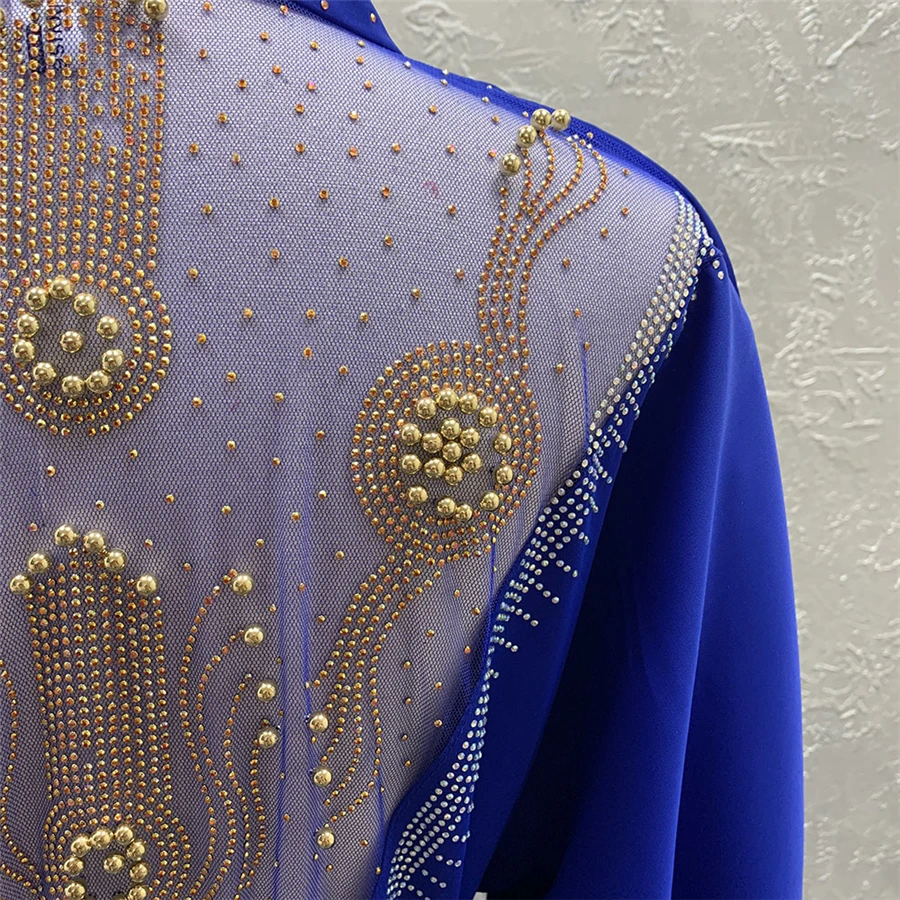 BAIBAZIN Muslim African Women's Cardigan Robe Fashion Mesh Splicing Rhinestone Loose Bat Long Sleeve Skirt