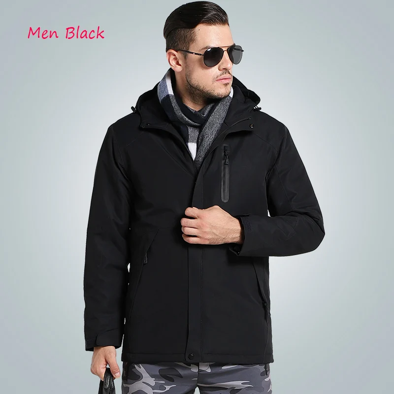 Зимняя куртка с подогревом для мужчин и женщин, куртки с USB подогревом, водонепроницаемая ветровка для улицы, Походов, Кемпинга, походов, альпинизма - Цвет: Men Black