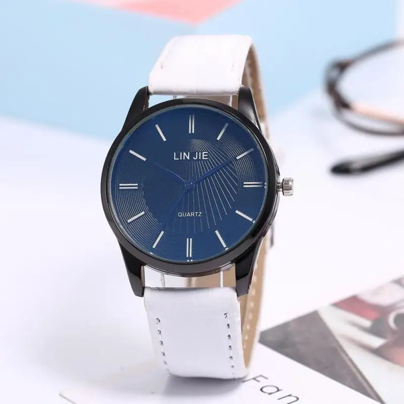 

Linji Fashion Leather Belt Blueray Glass Watch Classic Style Printing Article Nail STUDENT'S Watch Ulzzang Men's