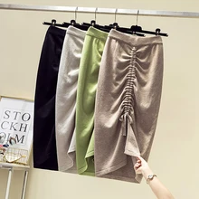 Модная новинка, тонкая Осенняя Длинная зимняя трикотажная юбка средней длины на шнурке, Женская облегающая юбка с разрезом и высокой талией, повседневные Мягкие Юбки до середины икры Falda