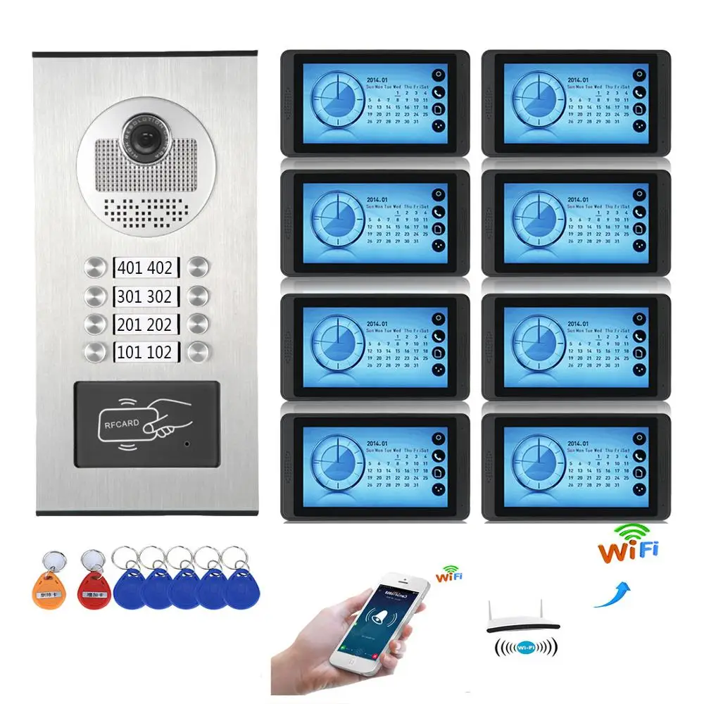

8 Unit Apartment APP Control Video Intercom 7 Inch LCD Wifi Wireless Video Door Phone Doorbell Visual Speakerphone Intercom KIT