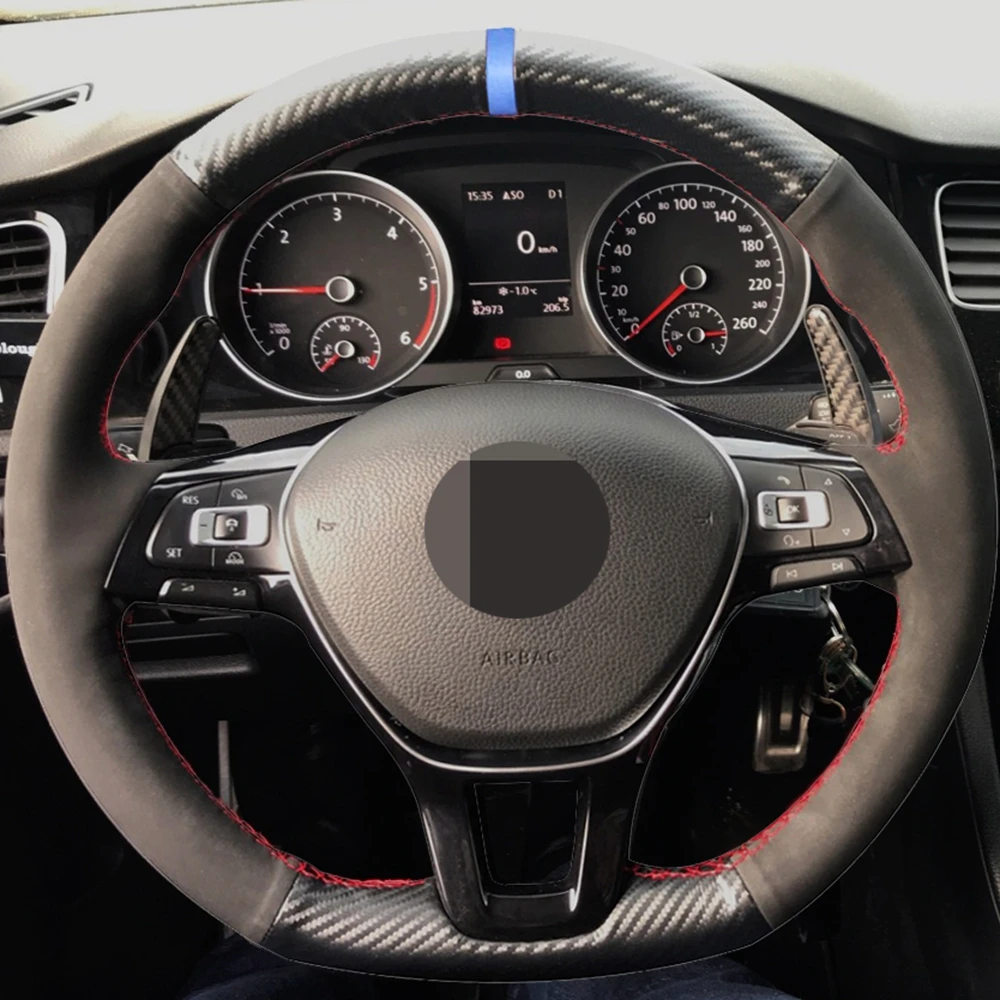 Чехол рулевого колеса автомобиля черное углеродное волокно замша для Volkswagen VW Golf 7
