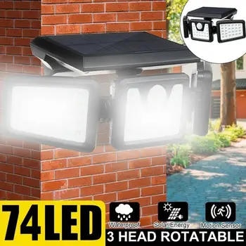 

74LED Drie-Hoofd Zonne Wandlamp Outdoor Motion Sensor Tuin Garage Veranda Yard Waterdichte Patio Draaibare D5C4