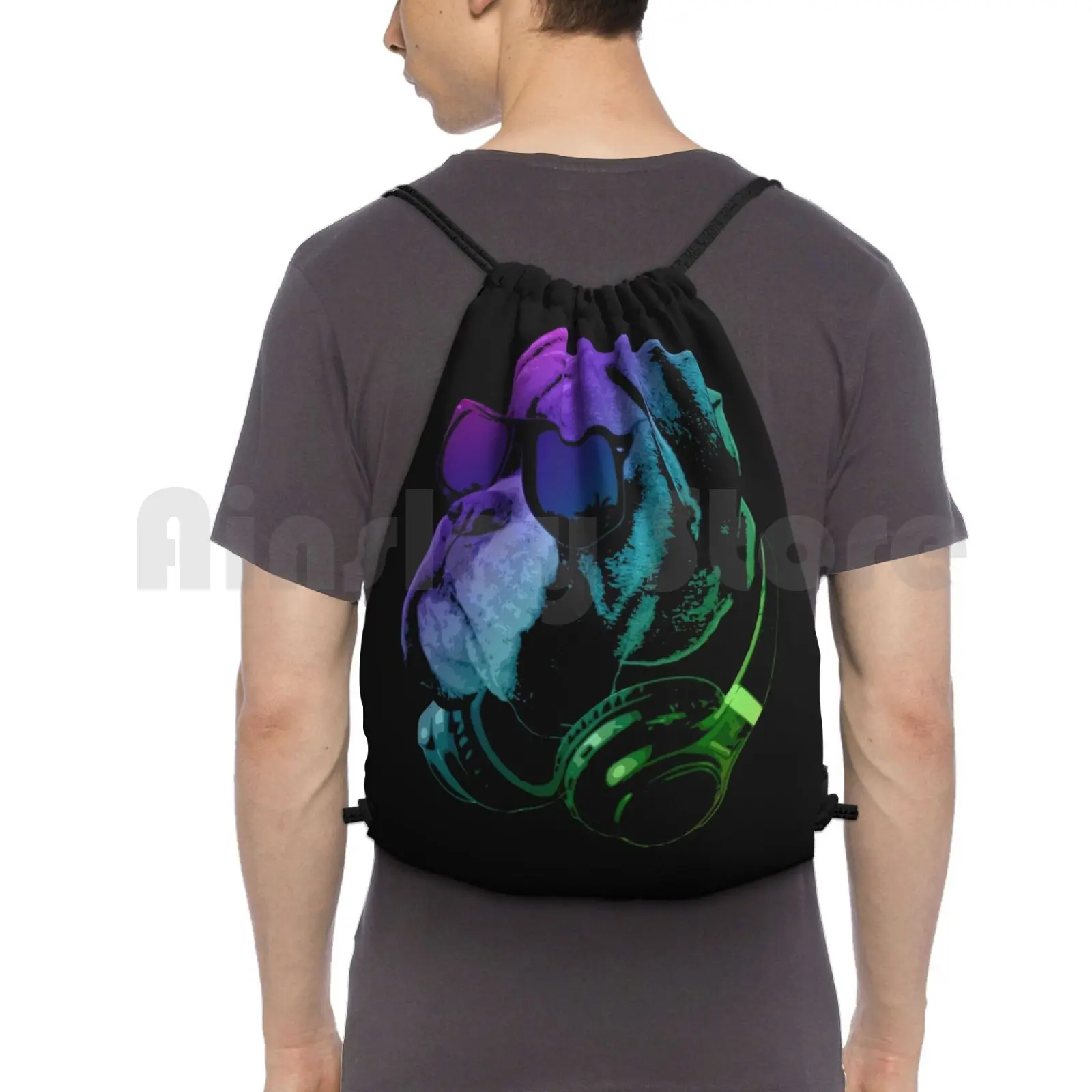 Dj Dog Backpack Drawstring Bags Gym Bag Waterproof Pet Cute Cool Boxer Bulldog Animal Sunglasses Headphones Neon | Багаж и сумки