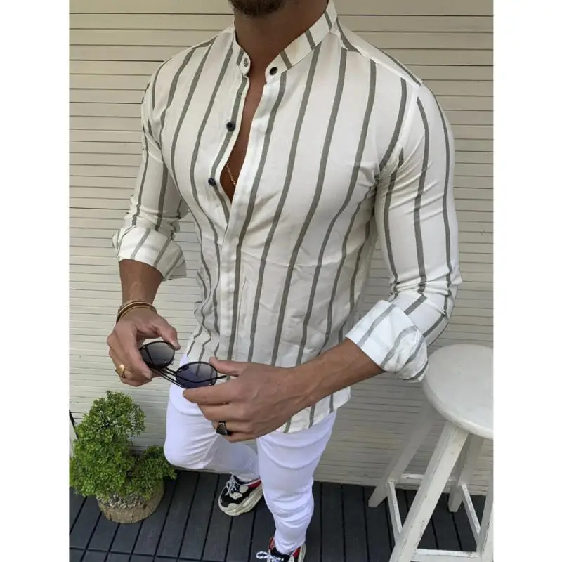Мужская мода полосатые рубашки с принтом Socail джентльмен Мужская Блузка Кнопка с длинными рукавами Slim Fit уличная деловая стоячий воротник