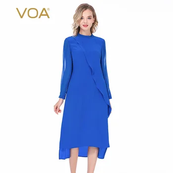 

VOA Silk 16mm Blue Crepe-De-Chine Half-Collar Filler Georgette Mosaic Sheet Design Slit Dress AE220