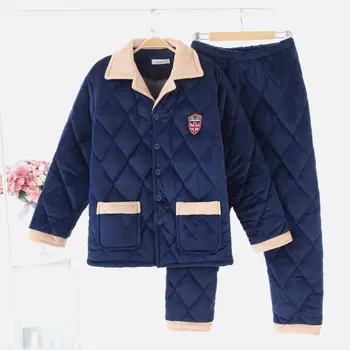 

Men's Pajamas Set Autumn Winter Warm Sleepwear Suit Three-Layer Thickening Pijamas Soft Coral Fleece Keep Warm Home Clothes