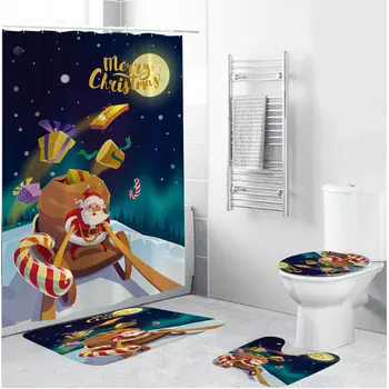 

New 1/3/4pcs Santa Merry Christmas Bathroom 180x180cm Shower Curtain Toilet Carpet Rug Lid Waterproof Floor Cover Mat
