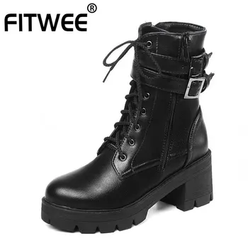 

FITWEE Women Motorcycle Boots Square Heel Platform Shoes Women Buckle Black Leather Lacing Non-Slip Street Footwear Size 33-43