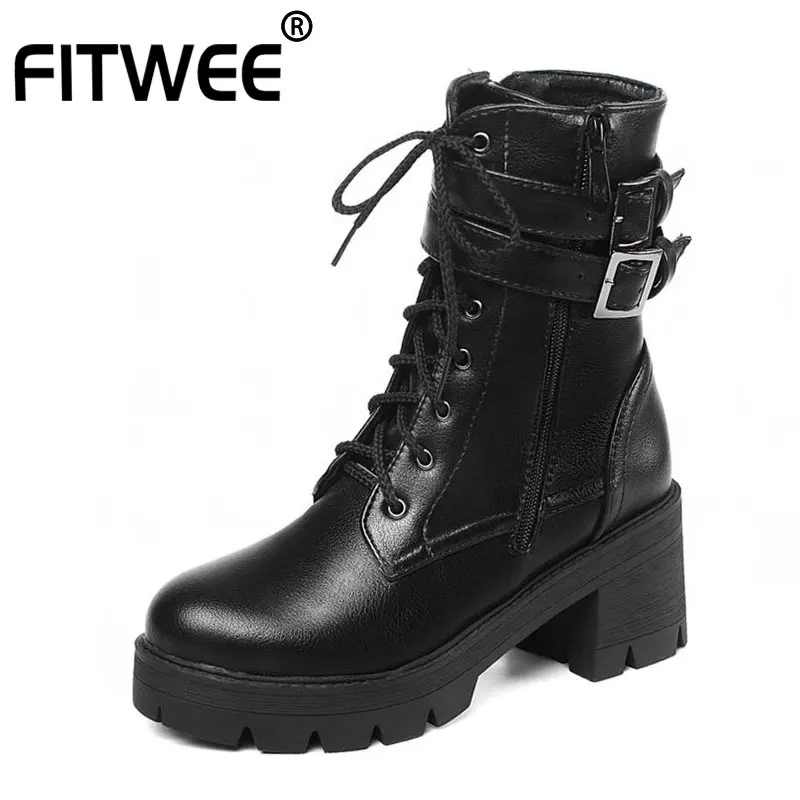 FITWEE женские мотоботы на квадратном каблуке Женская обувь платформе с пряжкой