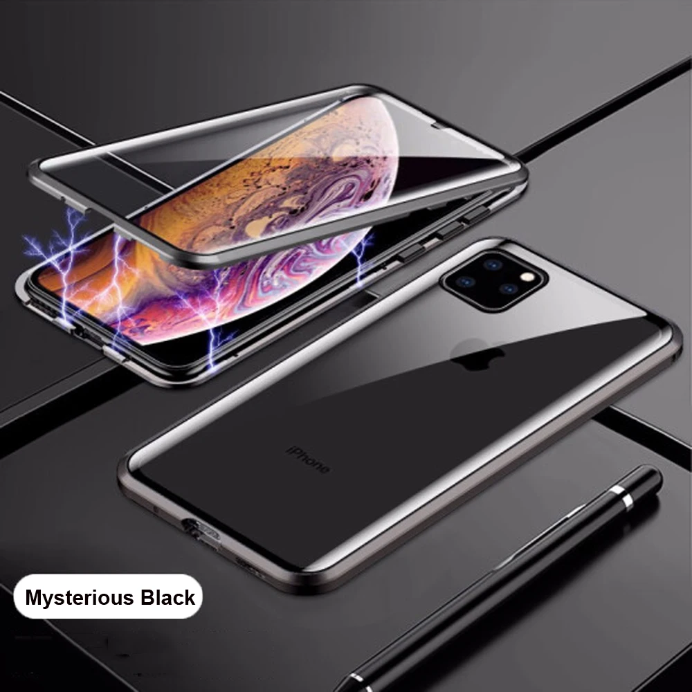 360 ° двухсторонний стеклянный металлический магнит чехол для iPhone 11 Pro Max XR XS Передний+ задний закаленный стеклянный чехол для iPhone 11 - Цвет: Mysterious Black