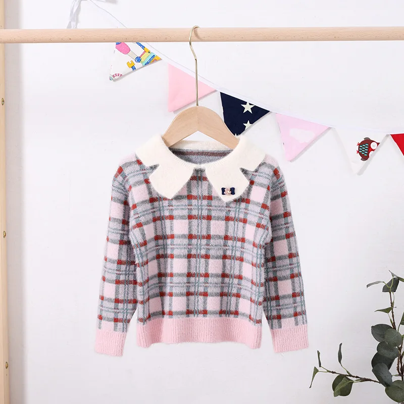

INS Retro Girls Plaid Sweater Western Style 2019 New Style Autumn And Winter Baby Knitted Kids' Sweater