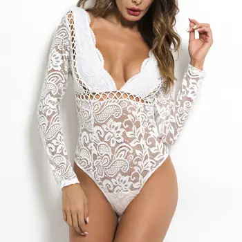 

Bodycon sexy white lace bodysuit Long sleeve hollow out backless bodysuit romper Autumn winter bodysuit playsuits women