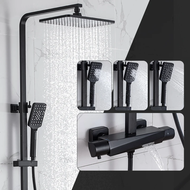 Black Thermostatic Shower Faucets Sets Water Bathroom Mixer Waterfall Faucet Rainfall Shower Systems Thermostat Tap EL9403