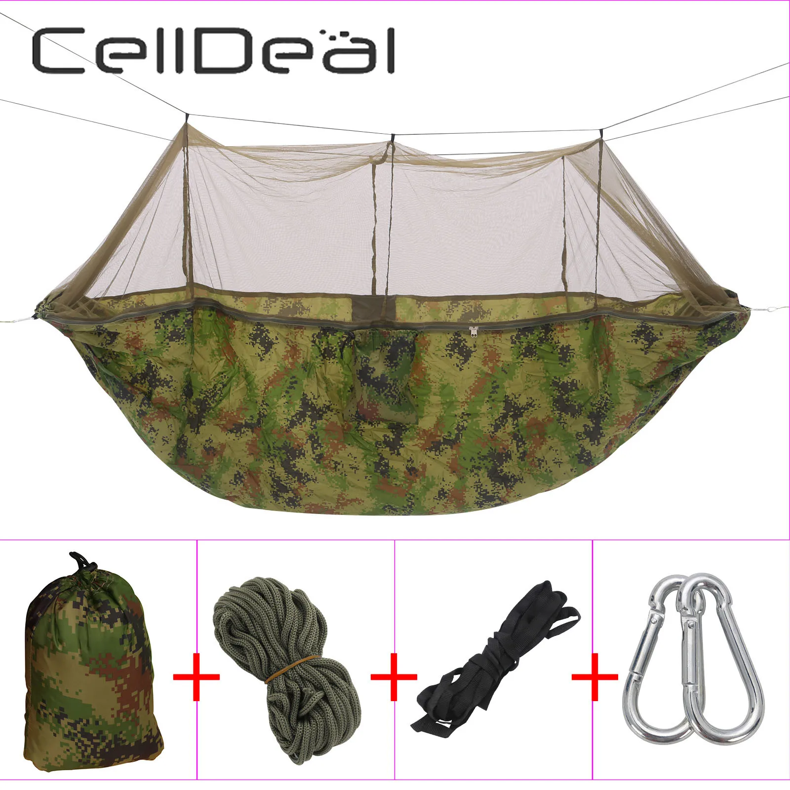 CellDeal Camping Hammock with Mosquito Net Light Portable Swing Sleeping Outdoor Parachute Hammocks Stuff Pop-Up |