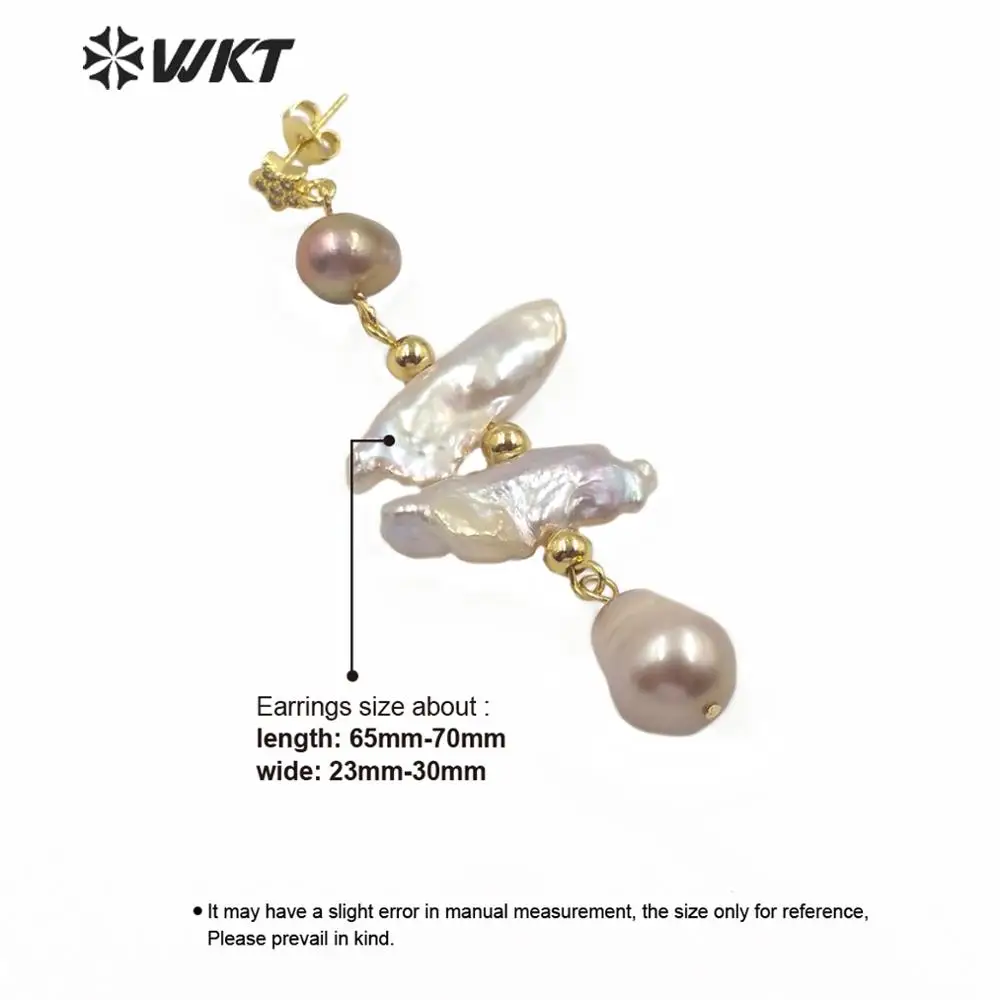 WT-MPE015 Exclusive Design New Freshwater Baroque Pearl Dangle Earrings Women Precious Gold Handmake Royal Style Decoration