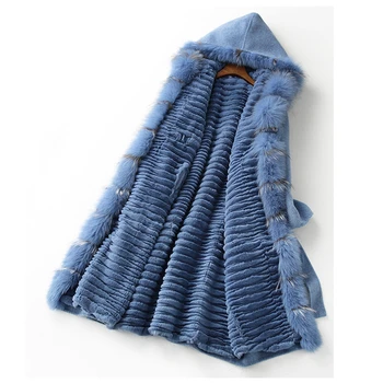 

2020 Real Fox Fur Coat Detached Lining Natural Rex Rabbit Fur Parka 100% Double Side Wool Cashmere Coat