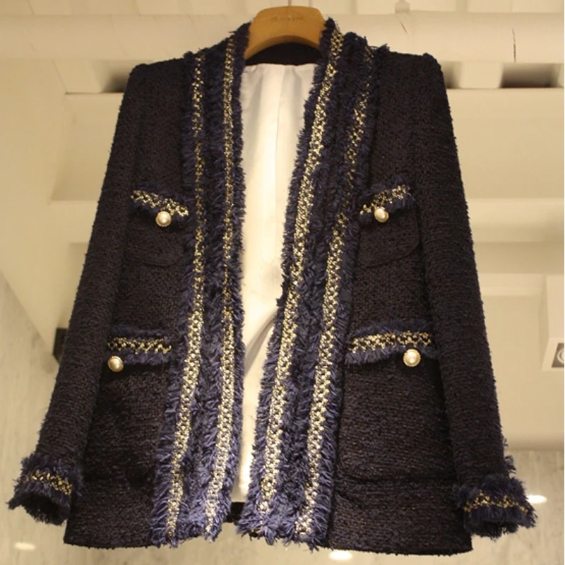 Осенне-зимний сексуальный шикарный твидовый пиджак с v-образным вырезом и жемчугом, блейзер для женщин, винтажный костюм, пальто, женская верхняя одежда, офисные женские блейзеры, Feminino