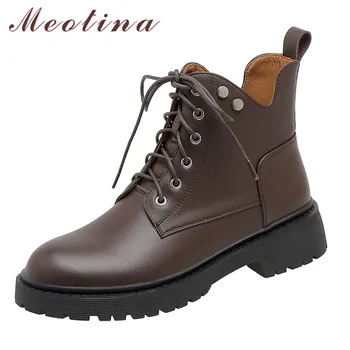 

Meotina Ankle Boots Women Shoes Real Leather Platform Mid Heel Short Boots Rivet Lace Up Thick Heels Boots Lady Autumn Winter