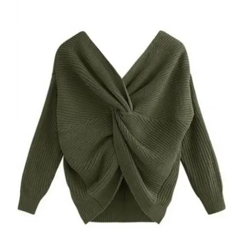 Сексуальный Однотонный свитер, женский свитер с v-образным вырезом и скрученным узлом сзади, джемпер с длинным рукавом, пуловер, Свободный теплый свитер, один размер, свитер - Цвет: Армейский зеленый