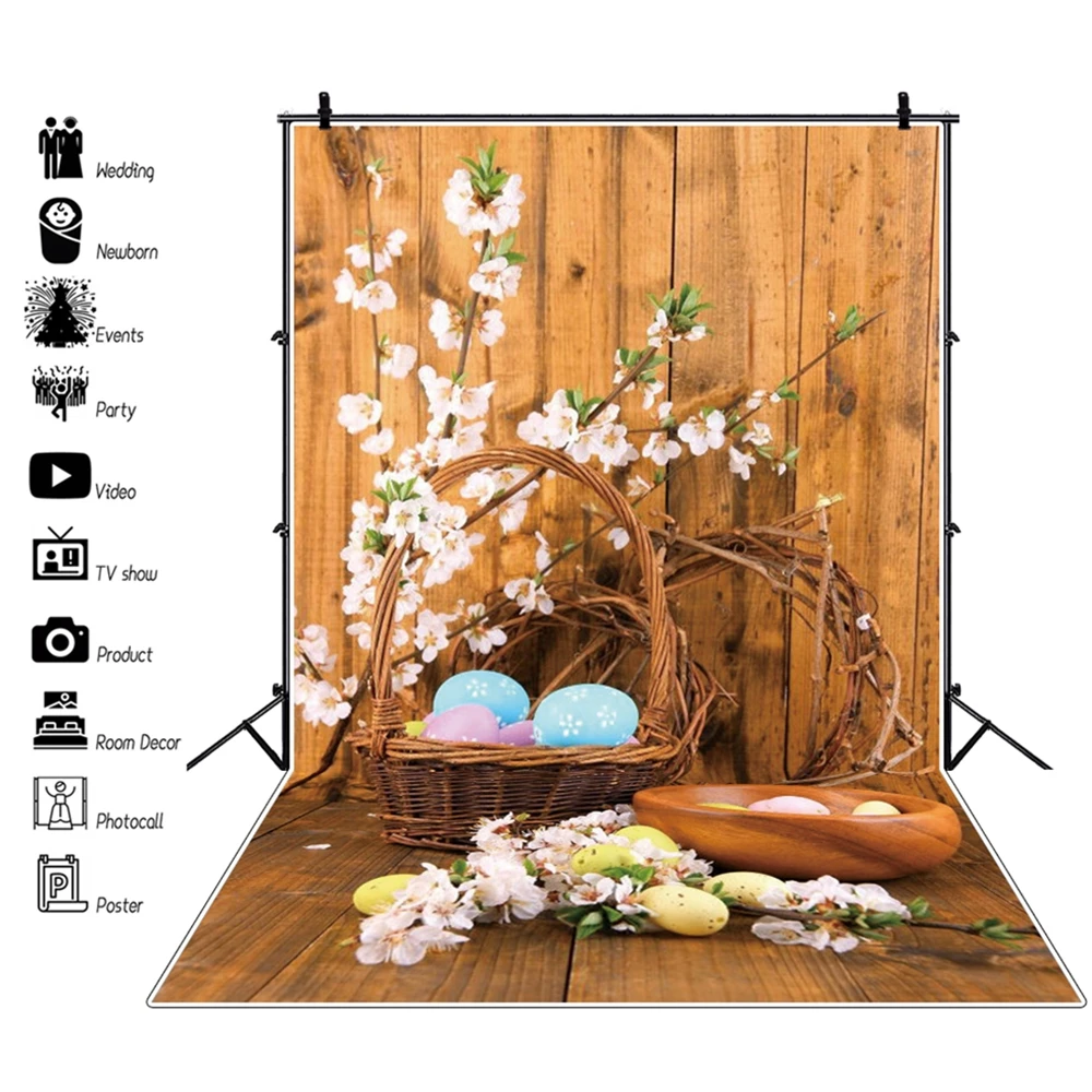 

Spring Flower Rabbit Eggs Wood Floor Newborn Baby Portrait Easter Backdrop Vinyl Photography Background Photo Studio Photocall