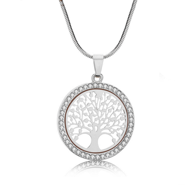 Round Hollow Tree of Life Pendant Necklace For Women Luxury Gold Color White Crystal Necklace Women Wedding Jewelry