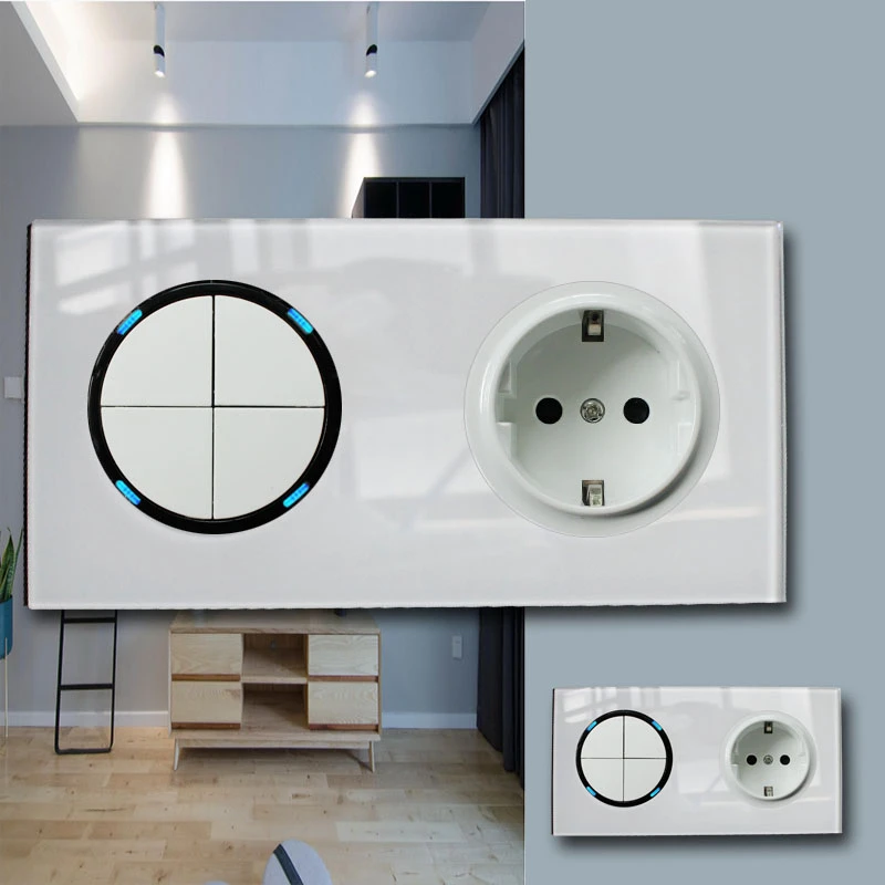 

146 Type 4 gang 2 way Germany switch Crystal Tempered Pure Glass Panel 13a Double Eu Standard Wall Power Socket Grounded white