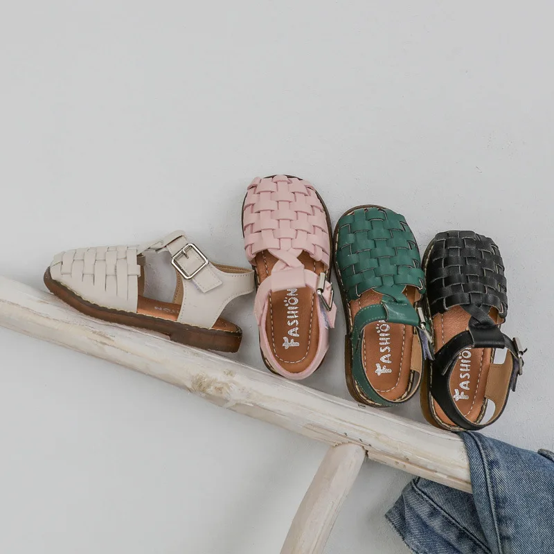 

2020 New Vintange Weave Solid Girl's Sandals Closed Toe Sandals for Girl Kids Baby Flat Girls Sandals Summer Kids Shoes D01254